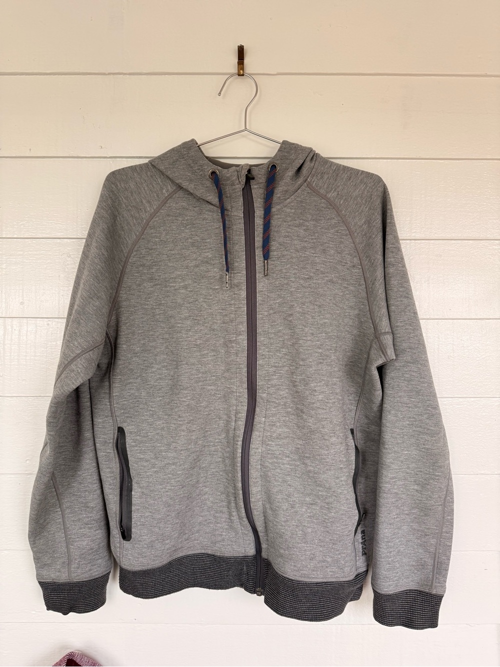 Prana Men's Gray Full-Zip Hooded Sweatshirt with Blue Drawcords